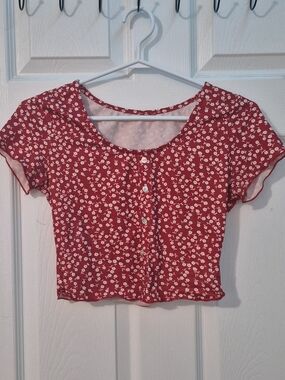 Red Floral Button Up Crop Top